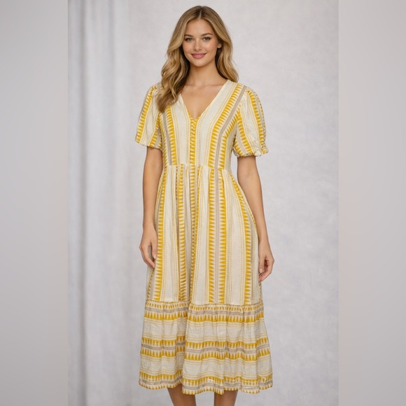F&F Dresses & Skirts - F&F Yellow Boho Midi Dress Size 8 Puff Sleeve